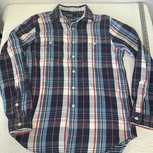 Polo Ralph Lauren Shirt Mens Med Classic Fit Flannel Twill Blue Plaid Work Chore